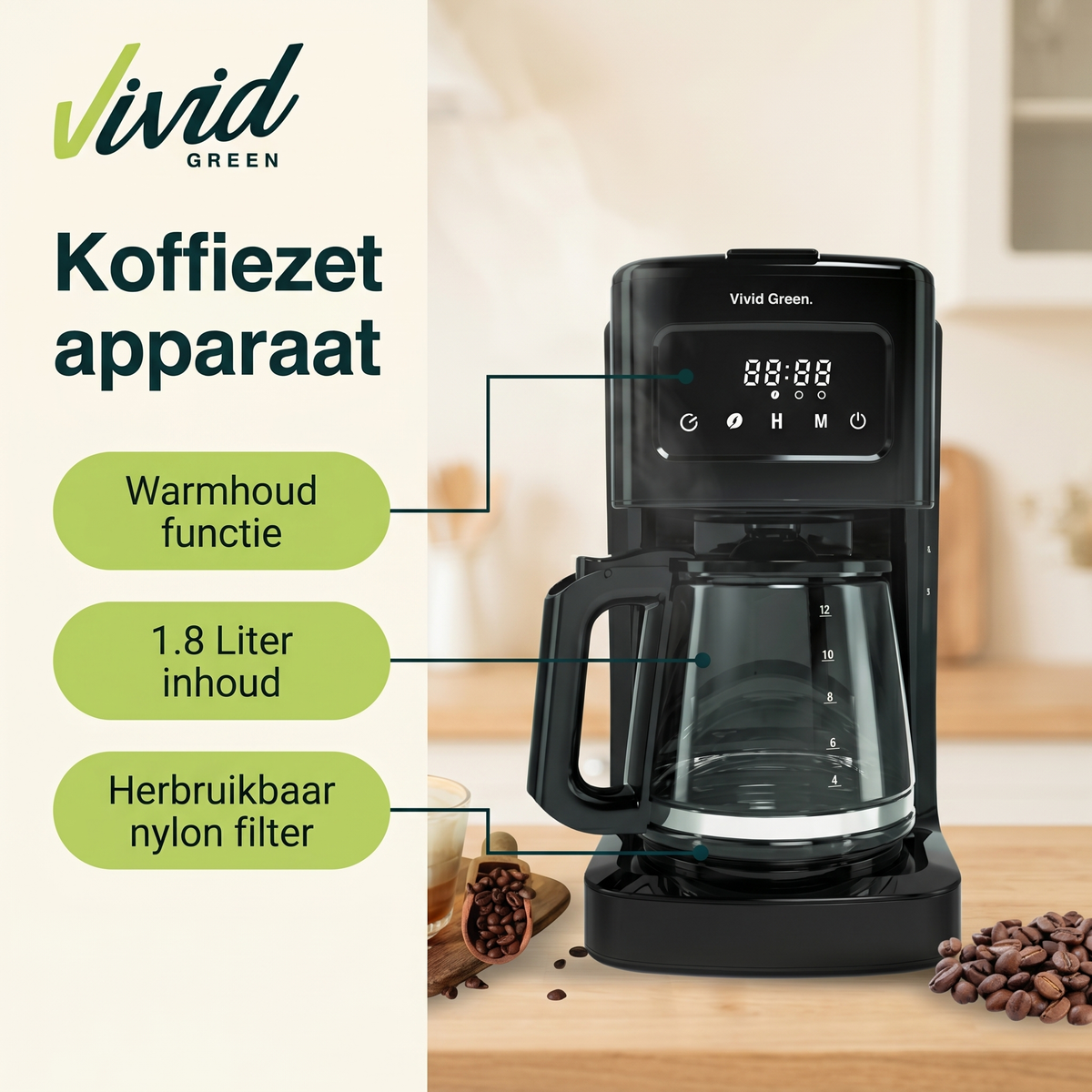 Vivid Green Koffiezetapparaat 1.8L met display en timer