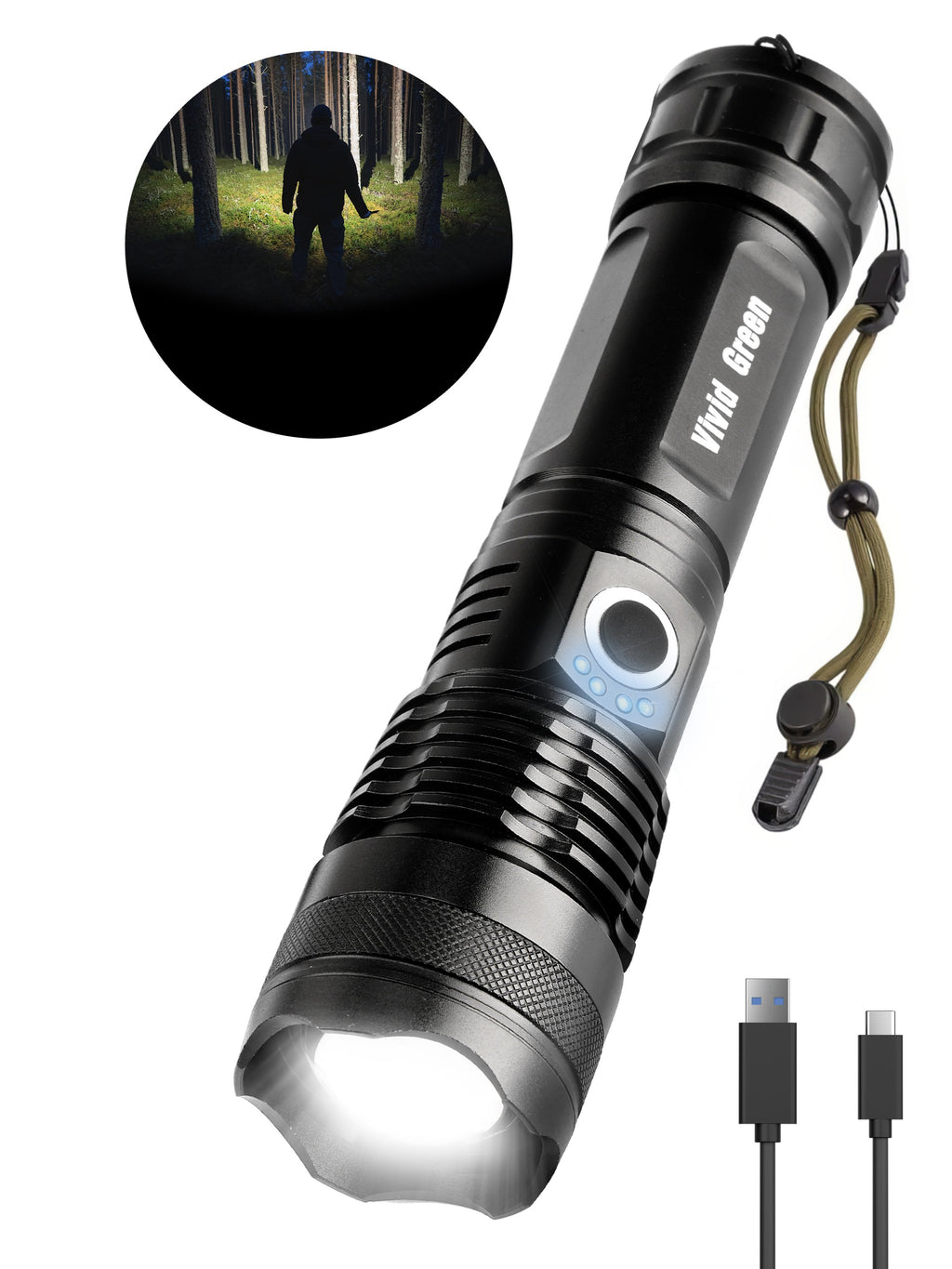 Vivid Green Zaklamp 5000mAh Oplaadbaar - 2500 Lumen - Zwart