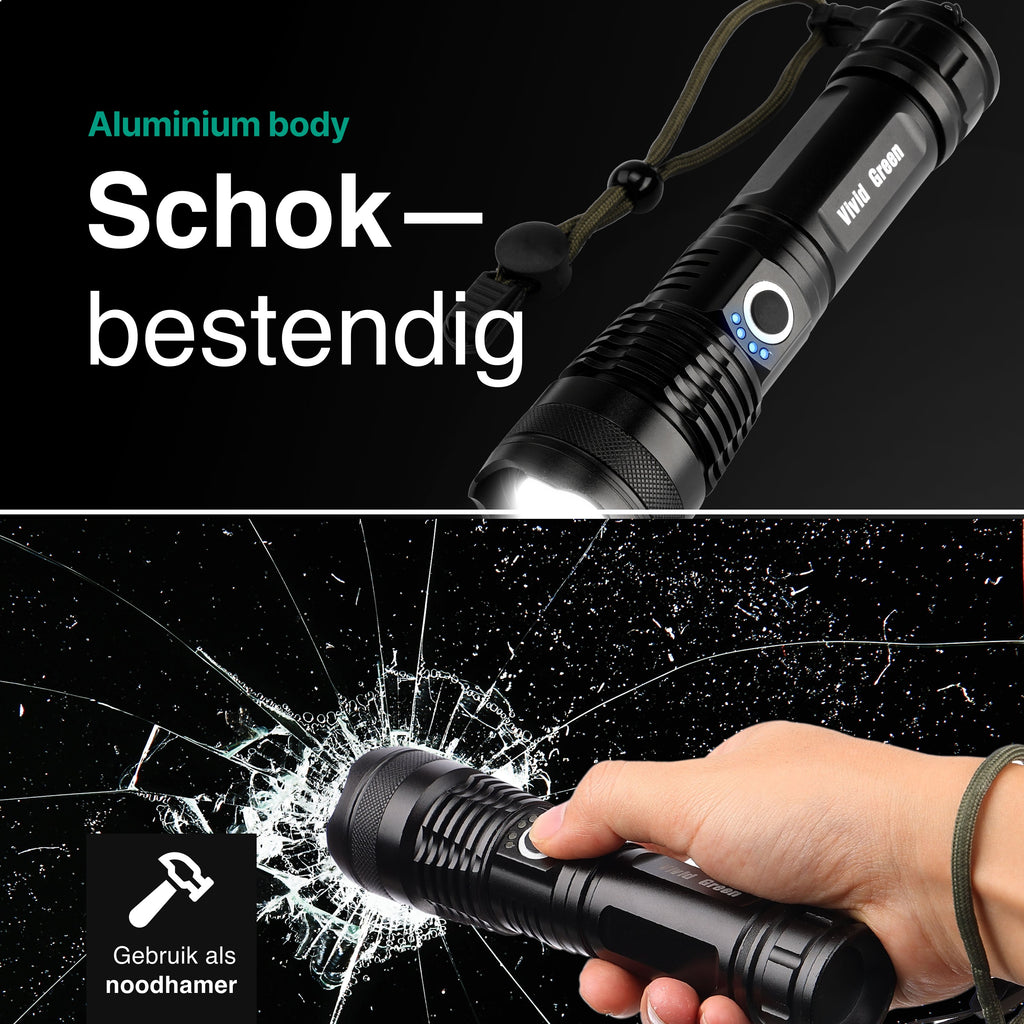 Vivid Green Zaklamp 5000mAh Oplaadbaar - 2500 Lumen - Zwart