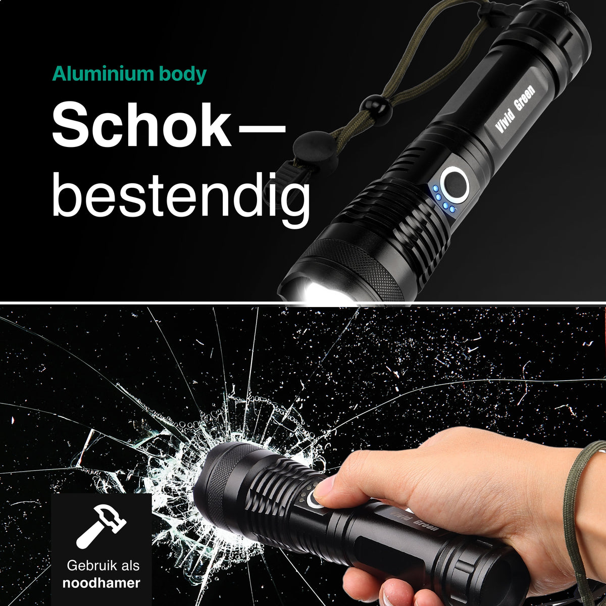 Vivid Green Zaklamp 5000mAh Oplaadbaar - 2500 Lumen - Zwart