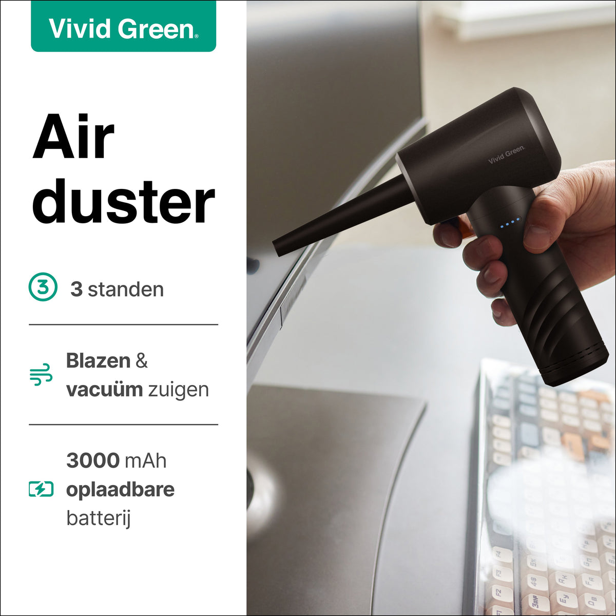 Vivid Green Airduster - 50K RPM- Draadloos en Oplaadbaar - Zwart