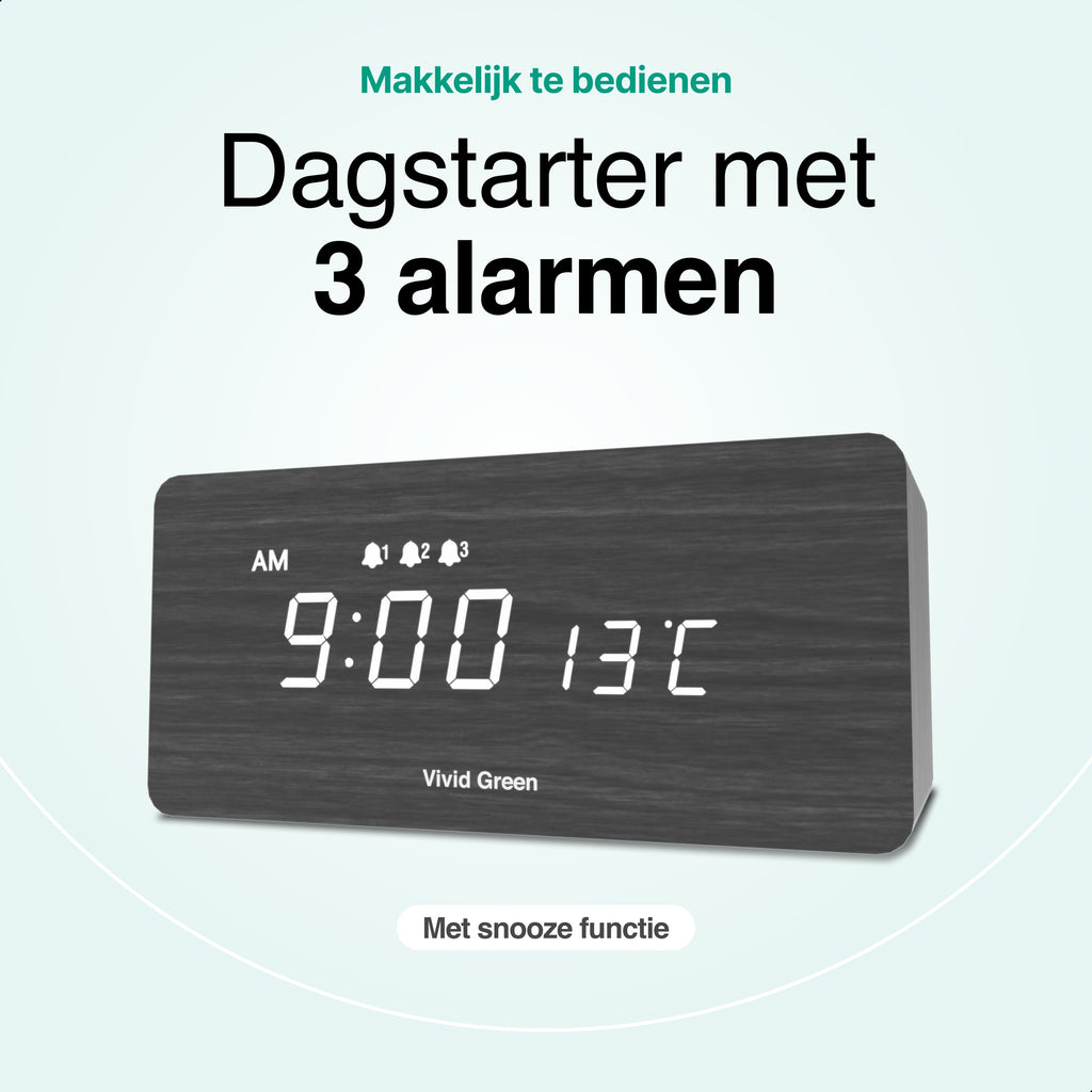 Vivid Green Houten Digitale Wekker met Draadloos Opladen